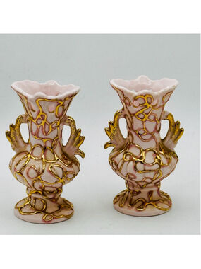 Vintage Lefton Pink & Gold Bud Vases – 24K Gold Drip Swirl Porcelain Pair